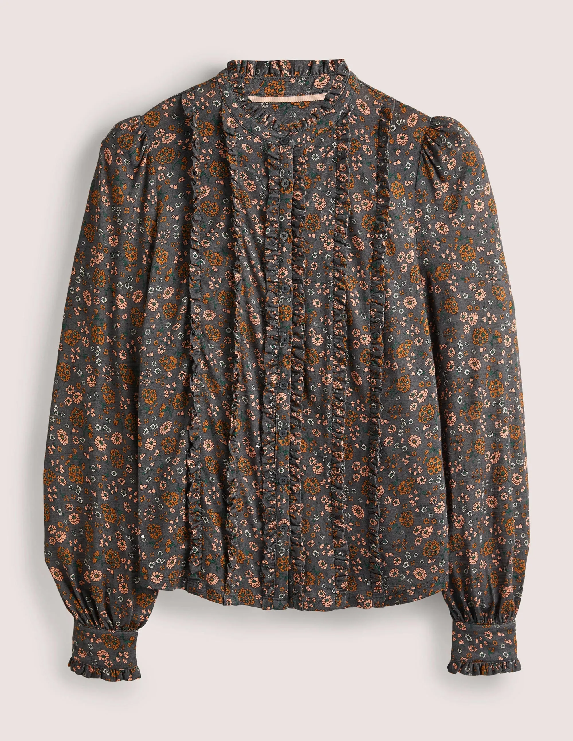 Ruffle Jersey Shirt-Grey Ditsy Charm