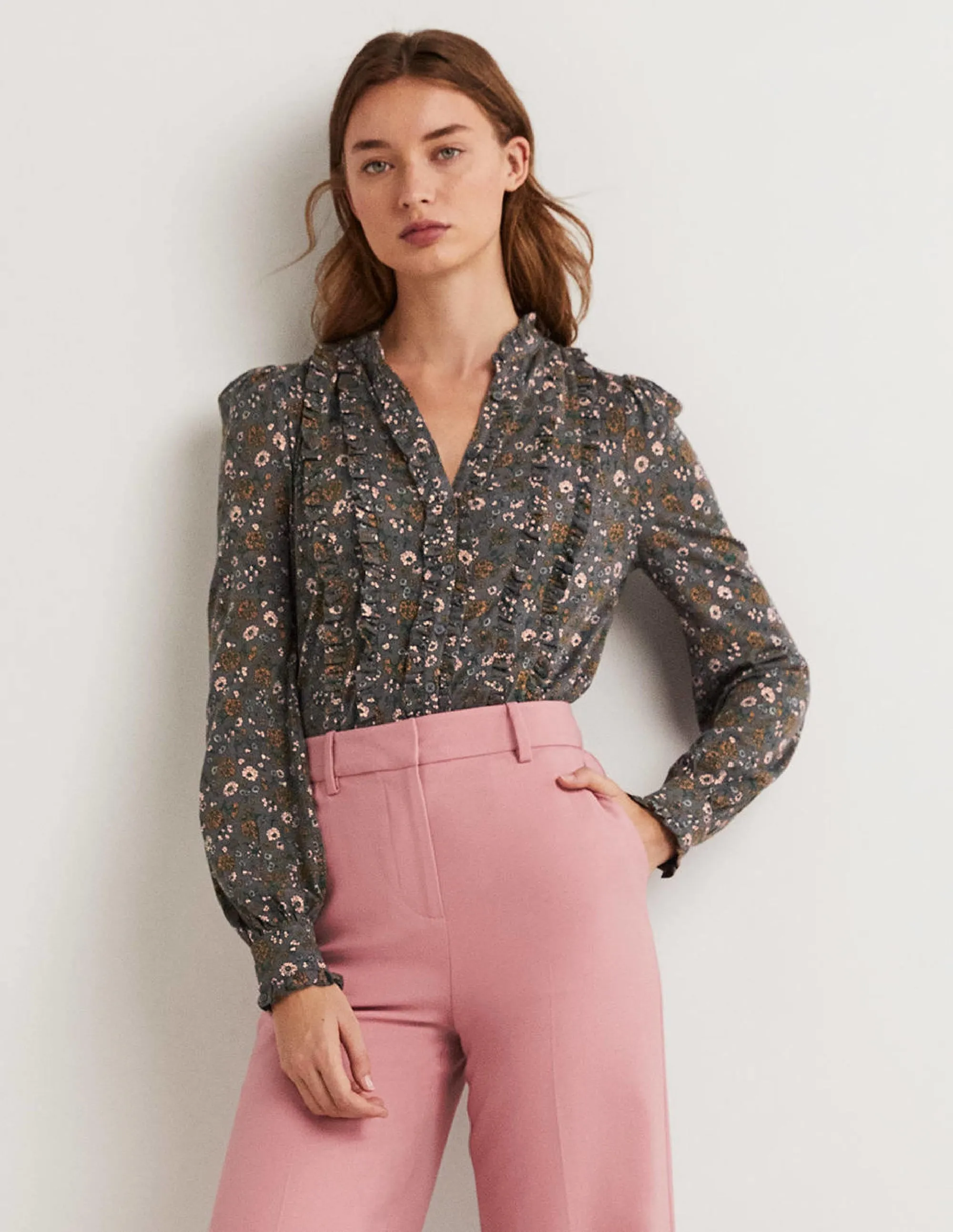 Ruffle Jersey Shirt-Grey Ditsy Charm