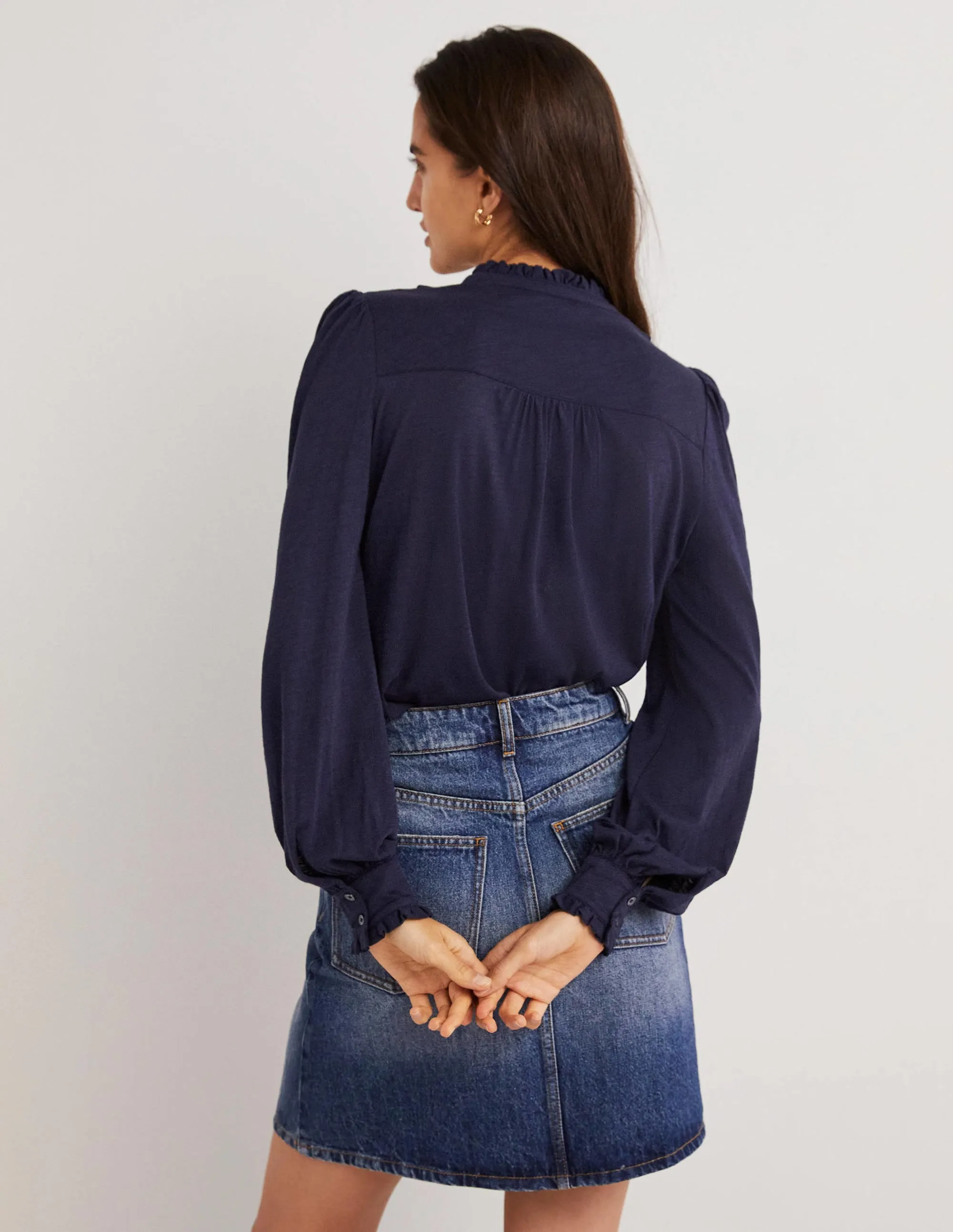 Ruffle Jersey Shirt-Navy