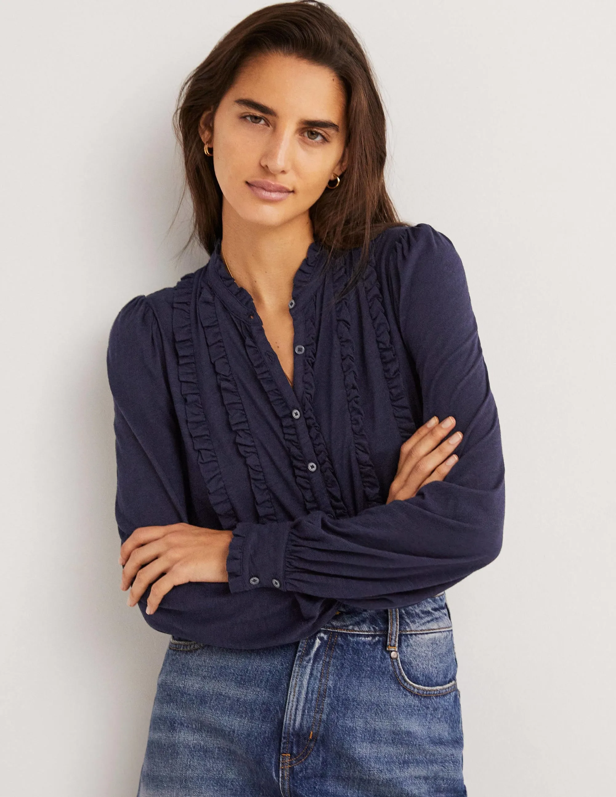 Ruffle Jersey Shirt-Navy