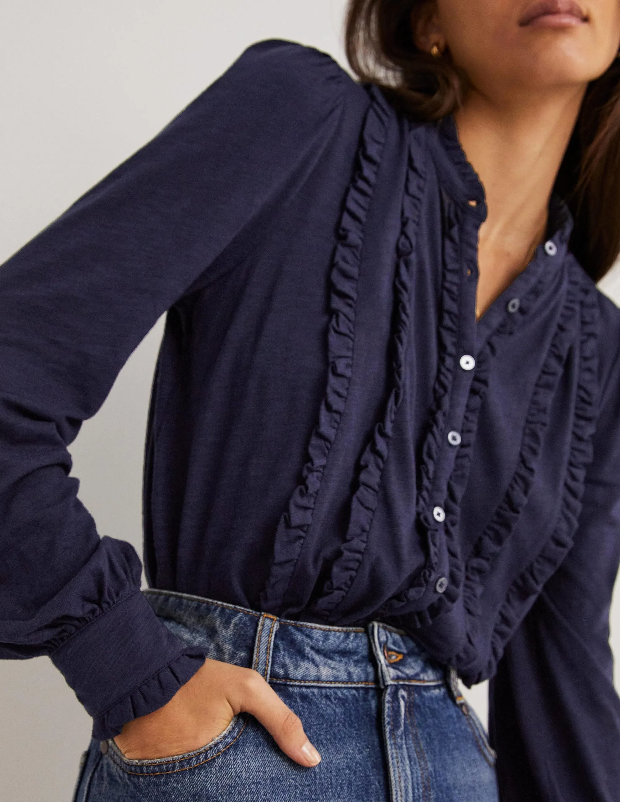 Ruffle Jersey Shirt-Navy