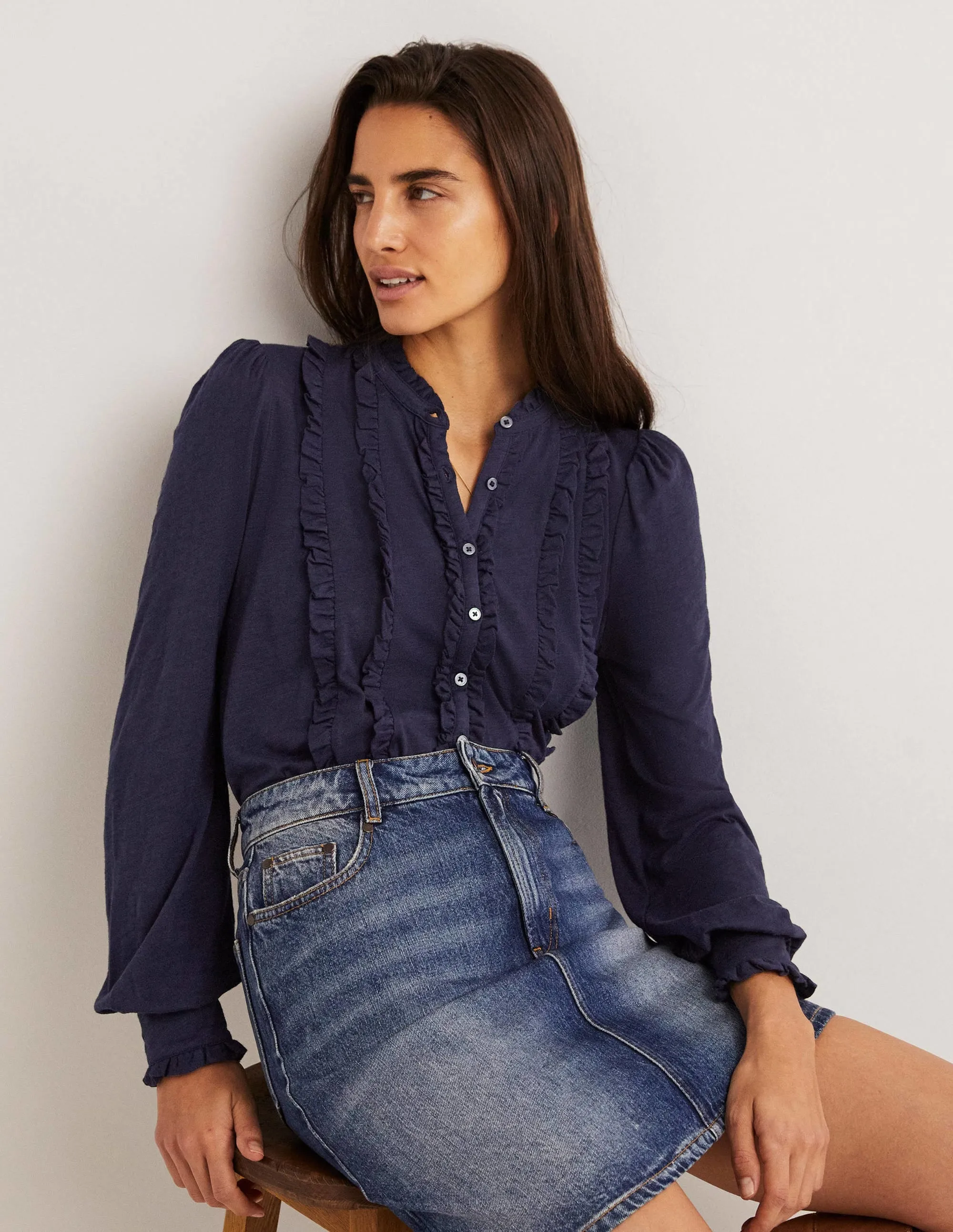 Ruffle Jersey Shirt-Navy